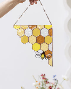 Yellow Corner Honeycombs Bee Suncatcher, Stained Glass Wall Decoration