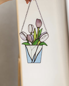 Bouquet Flower Tulips Stained Glass SuncatcherFlowerpot