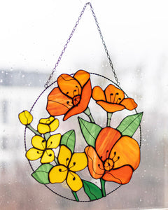 California Poppies and Jasmine Stained Glass Suncatcher – Garden Window Décor, Mother’s Day Gift