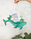 Whale with flowers Suncatcher, Stain Glass Decor Turquoise Window Hangings