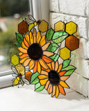 Yellow Honeycombs Bee Panel, Sunflower Suncatcher, Stain Glass Window Art