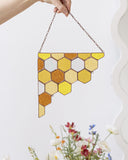 Yellow Corner Honeycombs Bee Suncatcher, Stained Glass Wall Decoration