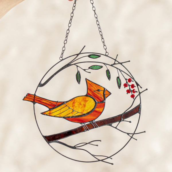Red Cardinal Stained Glass Suncatcher – Bird Window Décor
