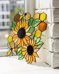 Yellow Honeycombs Bee Panel, Sunflower Suncatcher, Stain Glass Window Art